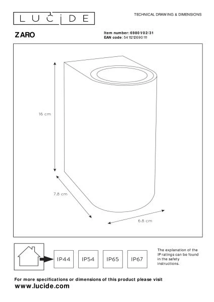 Lucide ZARO - Wandstrahler / Wandleuchte Innen/Außen - 2xGU10 - IP44 - Weiß - TECHNISCH